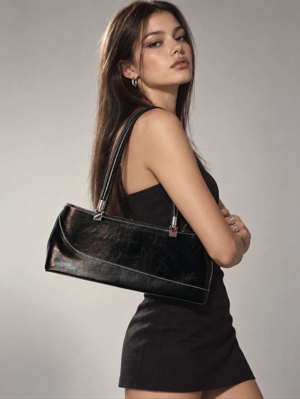Vintage Y2K Black Leather Baguette Shoulder Bag 90s Sleek Purse